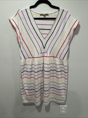 LOFT White V-Neck Mini Dress with Multi-Color Stripes
